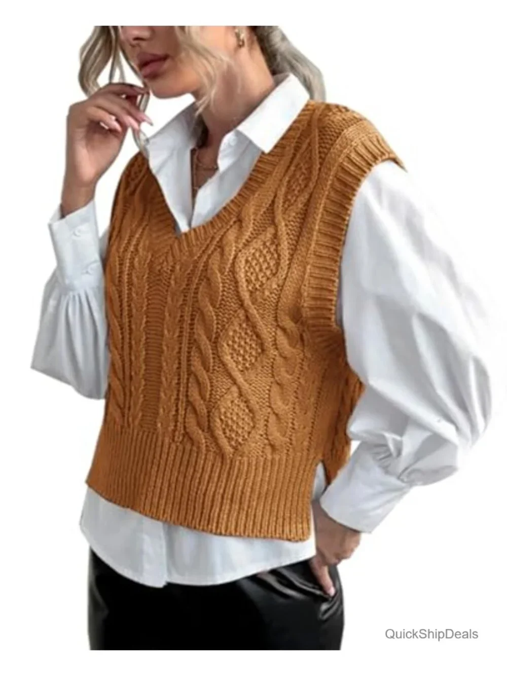 V Neck Sleeveless Knit Sweater Vest Ribbed Preppy Pullover Top